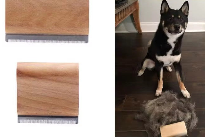 Pet grooming brush with close-ups and images of a dog and cat with fur on the floor.