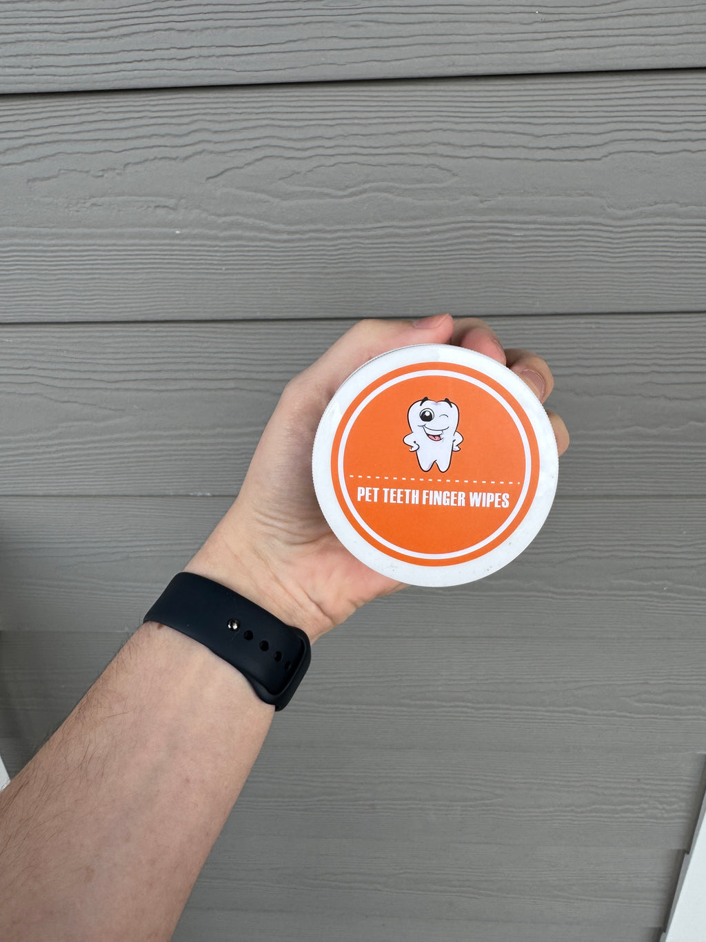 Hand holding a container of pet teeth finger wipes against a wooden background